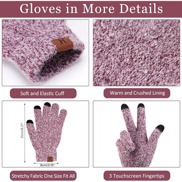 Women's Wine Red Warm Knit Beanie Hat Touchscreen Gloves Long Neck Scarf Set - Picture 3 of 7